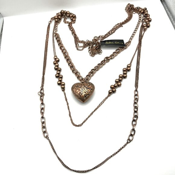 VTG Cookie Lee Multi-Layered Copper Heart Pendant Necklace With Beads &‎ Chains - Picture 1 of 5